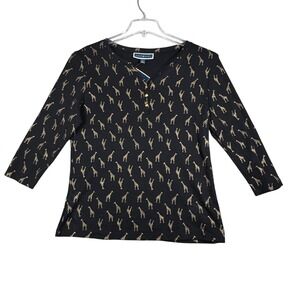 Karen Scott Shirt Black Gold Giraffe Print 3/4‎ Sleeve Novelty Size Large Petite